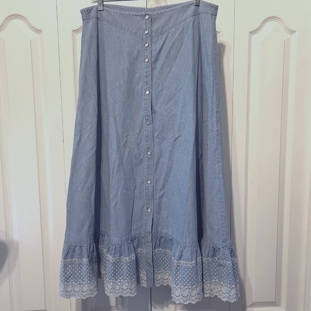 Lauren Ralph Lauren Light Blue Denim Maxi Skirt with Eyelet Hem